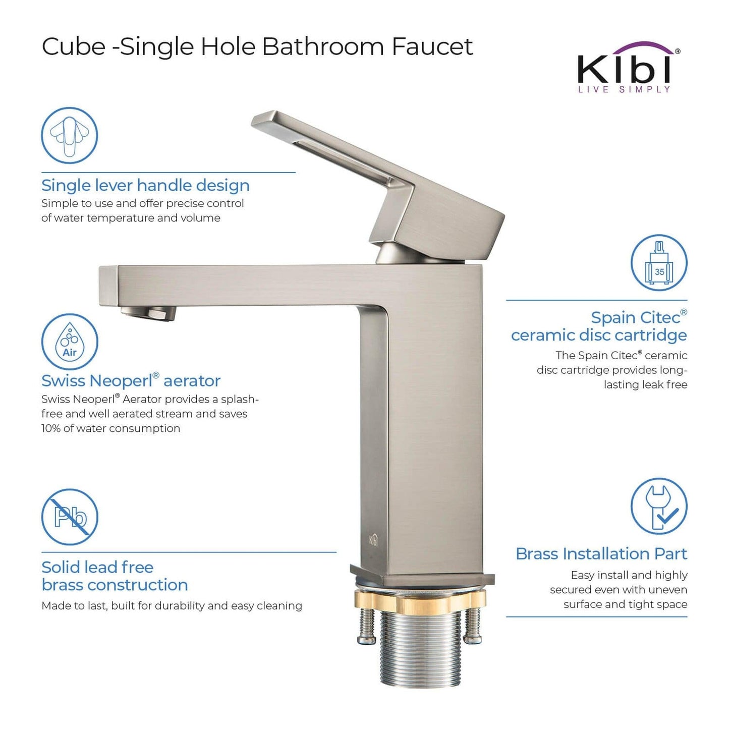 KIBI Cubic Single Handle Brushed Nickel Solid Brass Bathroom Vanity Sink Faucet