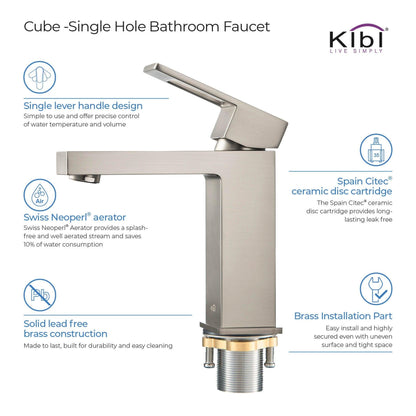 KIBI Cubic Single Handle Brushed Nickel Solid Brass Bathroom Vanity Sink Faucet With Pop-Up Drain Stopper Small Cover With Overflow