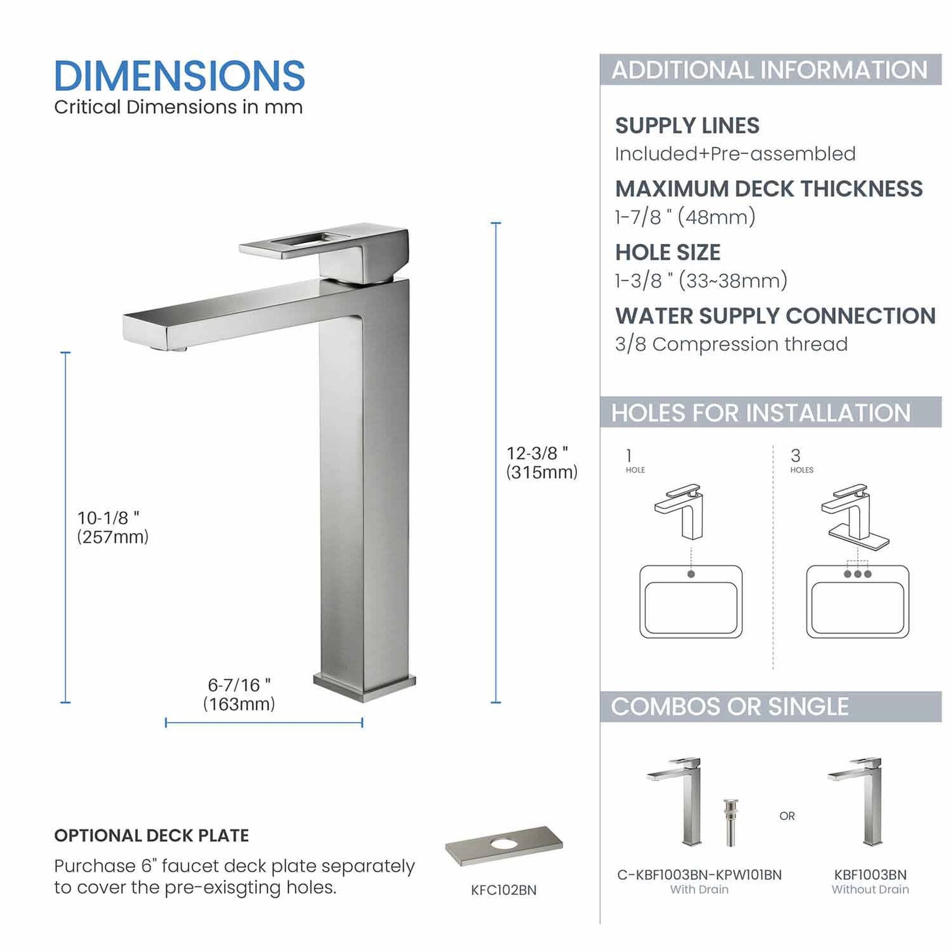 KIBI Cubic Single Handle Brushed Nickel Solid Brass Bathroom Vessel Sink Faucet