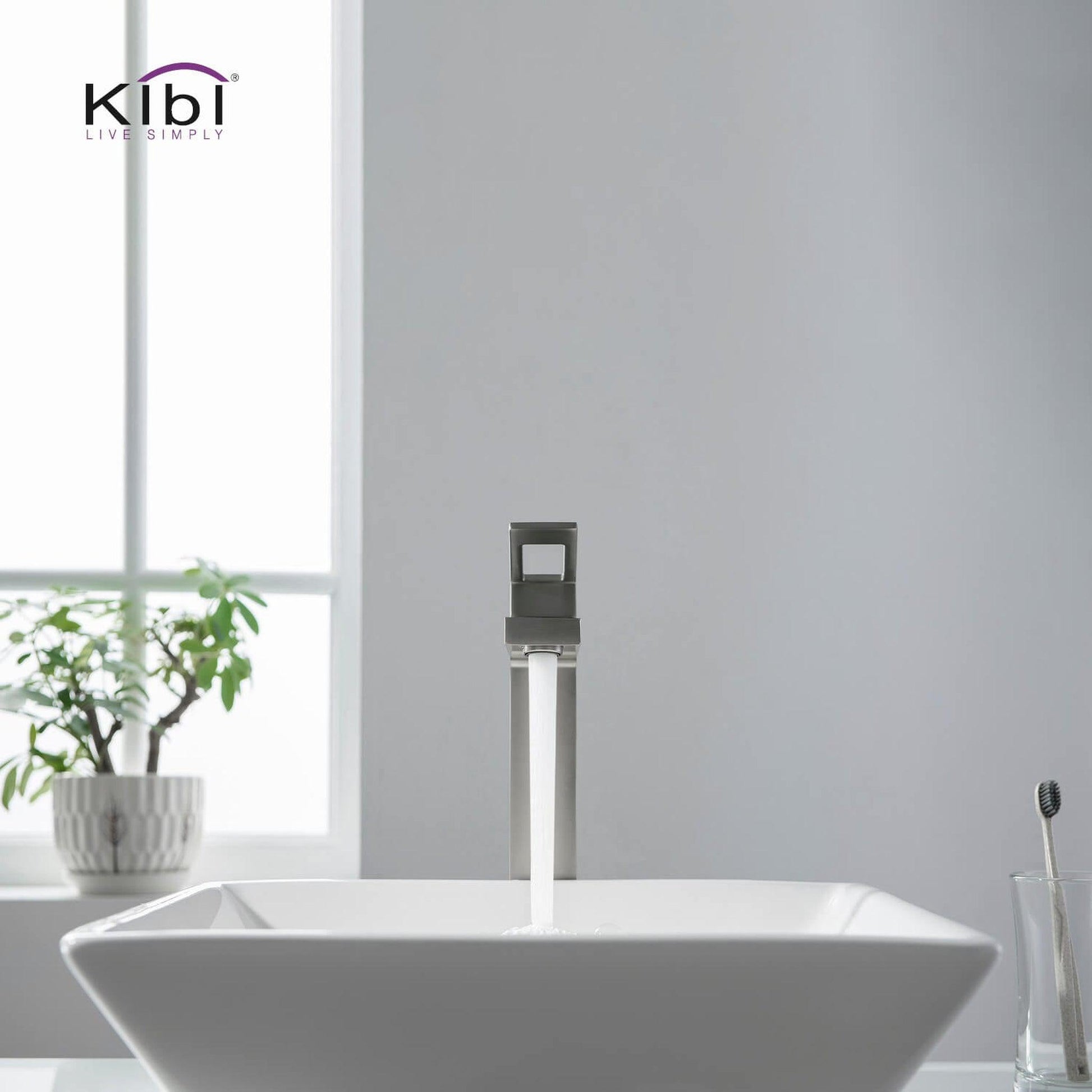 KIBI Cubic Single Handle Brushed Nickel Solid Brass Bathroom Vessel Sink Faucet