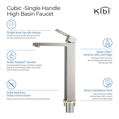 KIBI Cubic Single Handle Brushed Nickel Solid Brass Bathroom Vessel Sink Faucet