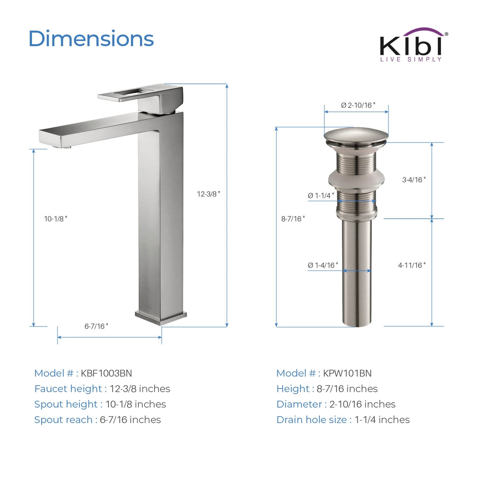 KIBI Cubic Single Handle Brushed Nickel Solid Brass Bathroom Vessel Sink Faucet With Pop-Up Drain Stopper Small Cover Without Overflow