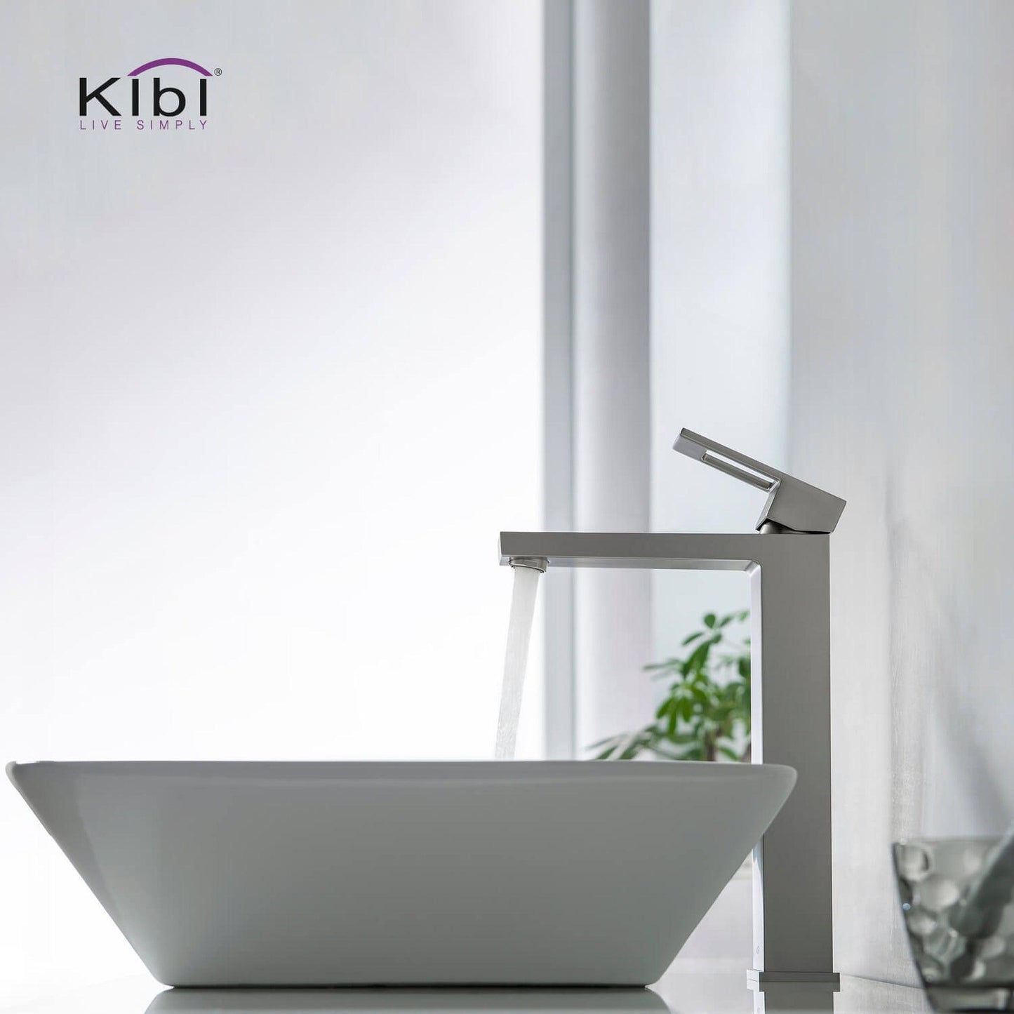 KIBI Cubic Single Handle Brushed Nickel Solid Brass Bathroom Vessel Sink Faucet With Pop-Up Drain Stopper Small Cover Without Overflow