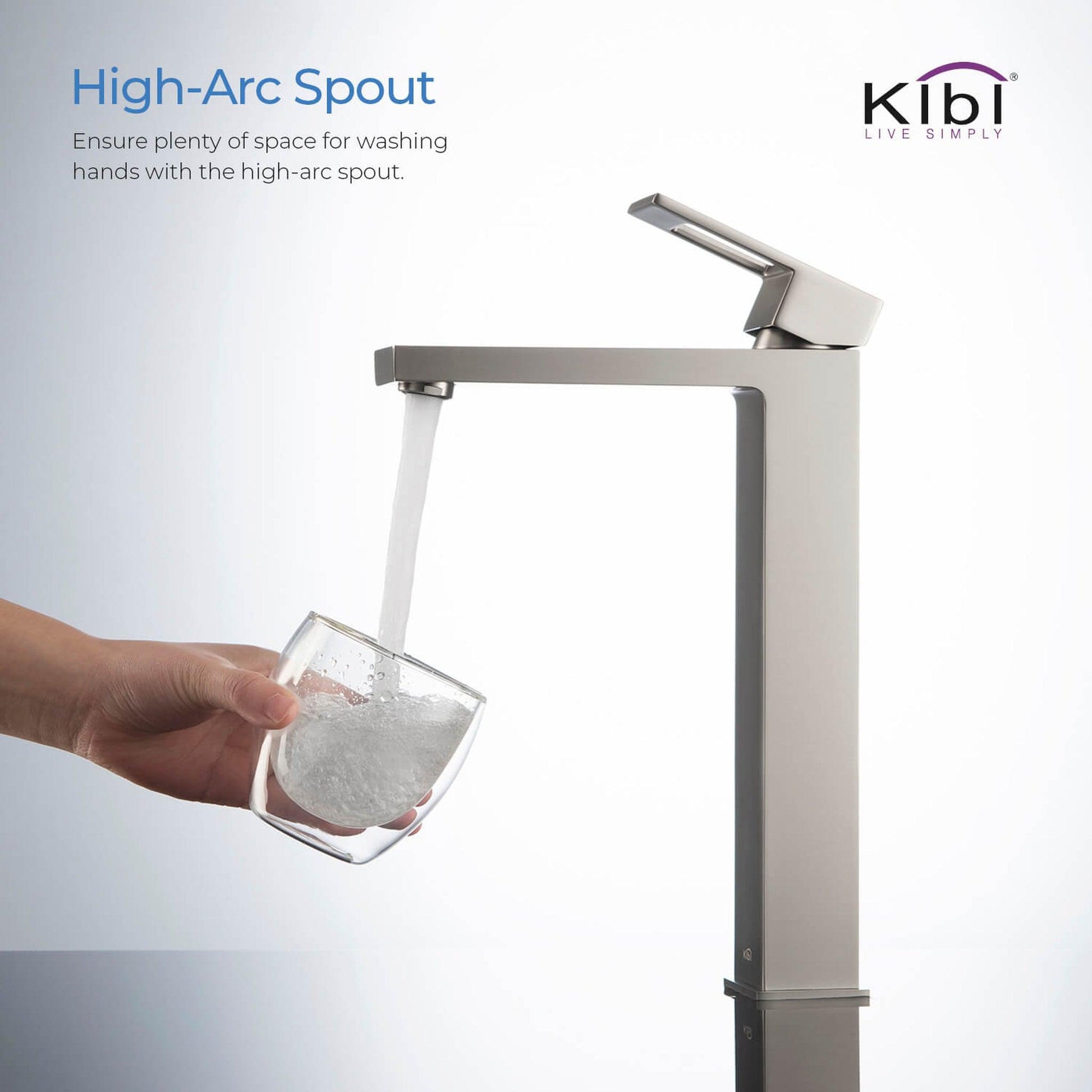 KIBI Cubic Single Handle Brushed Nickel Solid Brass Bathroom Vessel Sink Faucet With Pop-Up Drain Stopper Small Cover Without Overflow