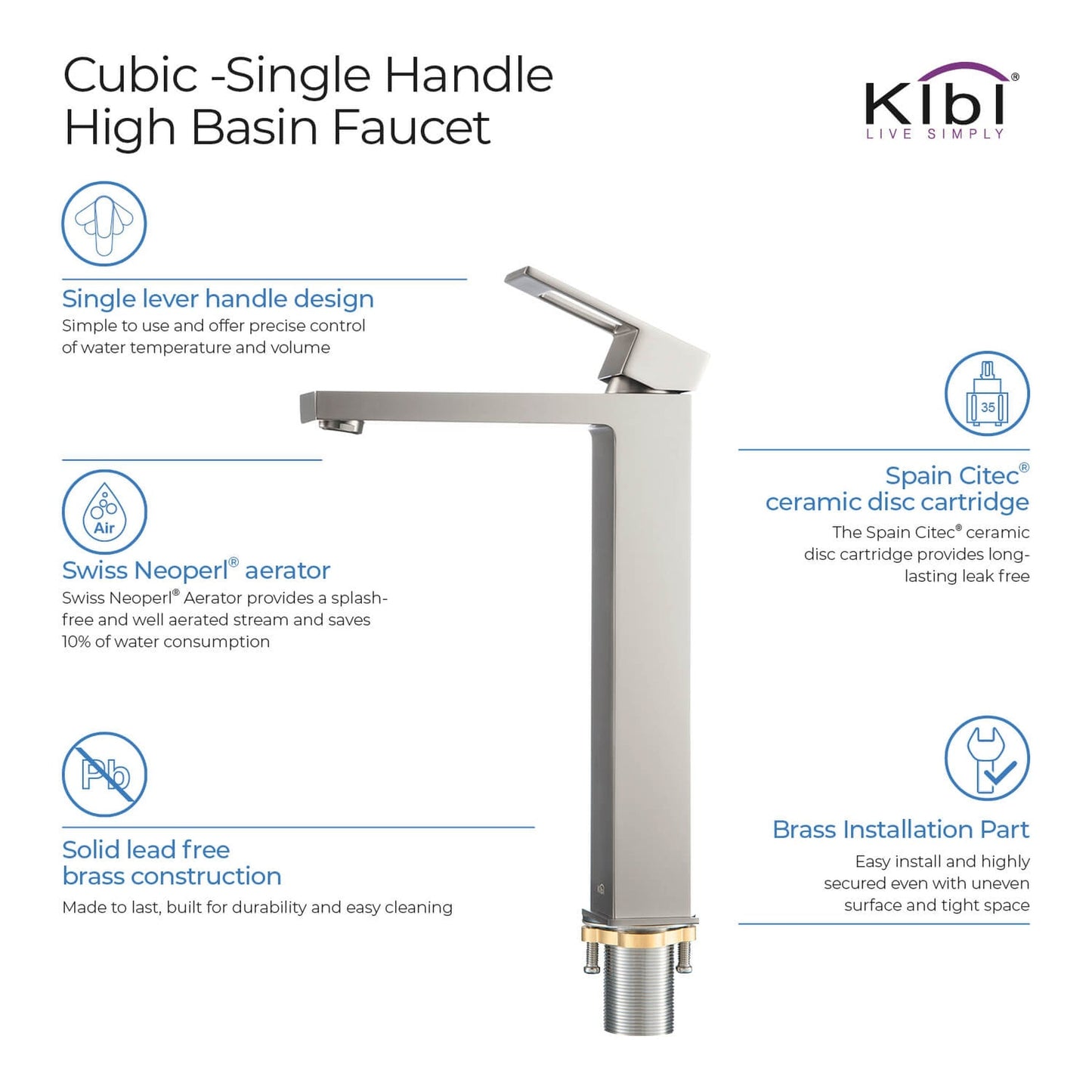 KIBI Cubic Single Handle Brushed Nickel Solid Brass Bathroom Vessel Sink Faucet With Pop-Up Drain Stopper Small Cover Without Overflow