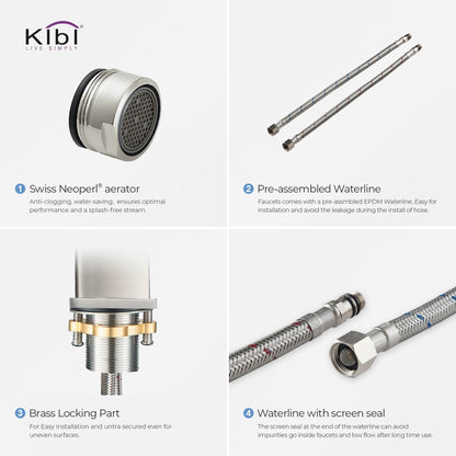 KIBI Cubic Single Handle Brushed Nickel Solid Brass Bathroom Vessel Sink Faucet With Pop-Up Drain Stopper Small Cover Without Overflow