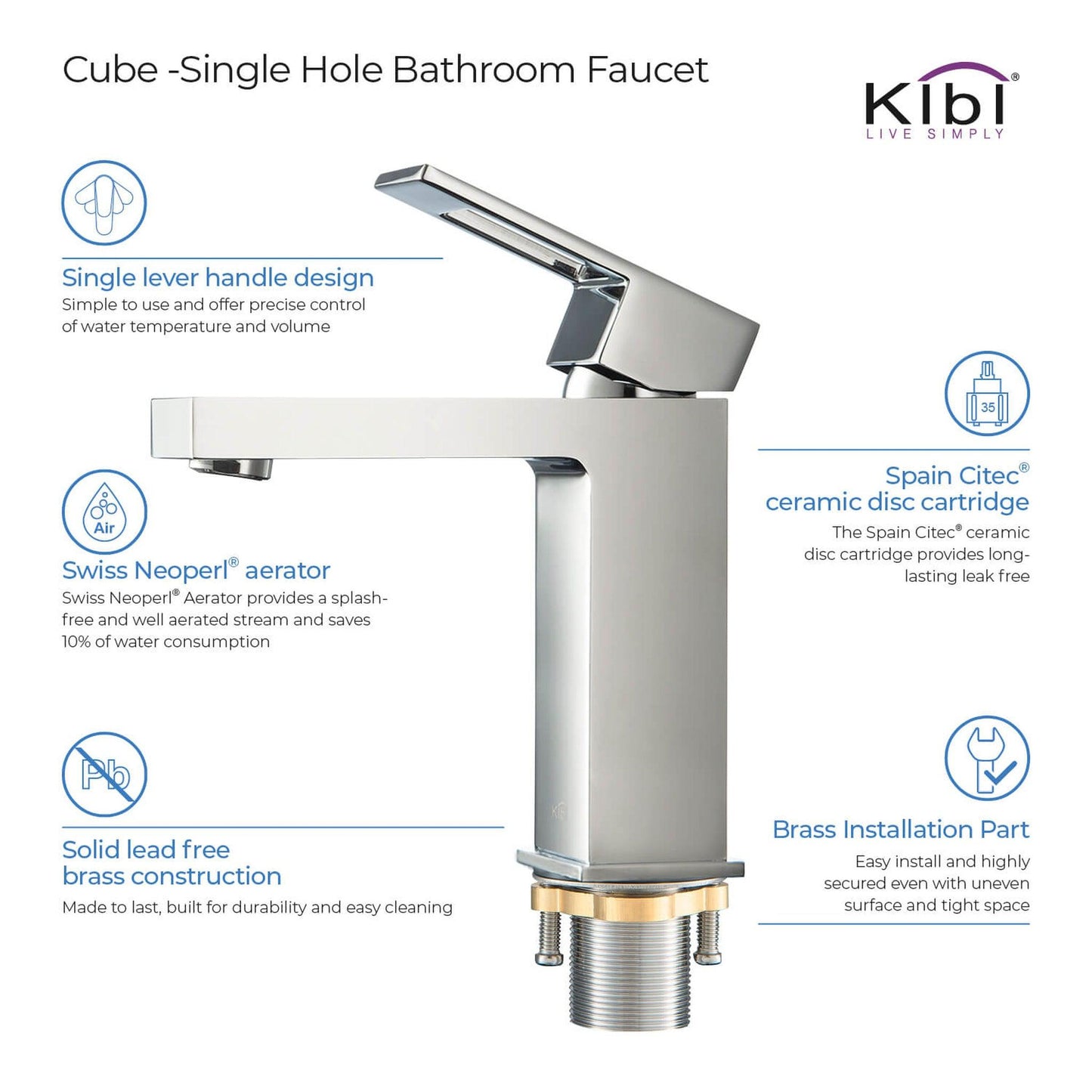 KIBI Cubic Single Handle Chrome Solid Brass Bathroom Vanity Sink Faucet