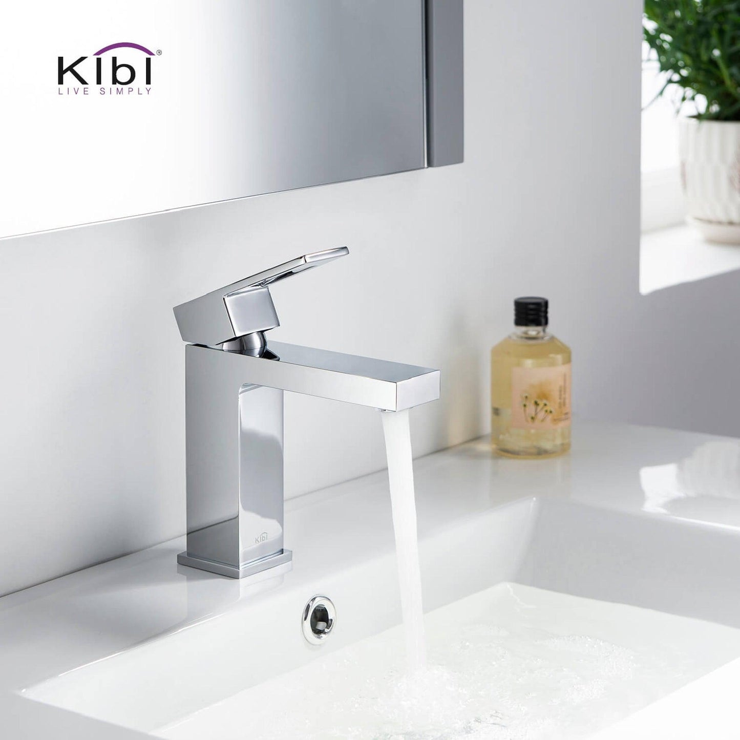 KIBI Cubic Single Handle Chrome Solid Brass Bathroom Vanity Sink Faucet With Pop-Up Drain Stopper Small Cover With Overflow