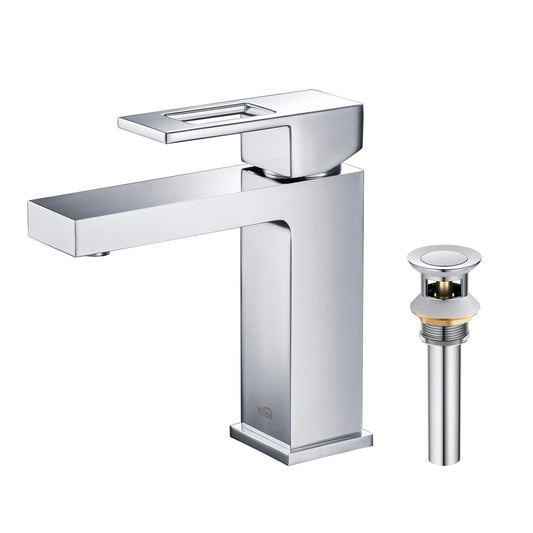 KIBI Cubic Single Handle Chrome Solid Brass Bathroom Vanity Sink Faucet With Pop-Up Drain Stopper Small Cover With Overflow