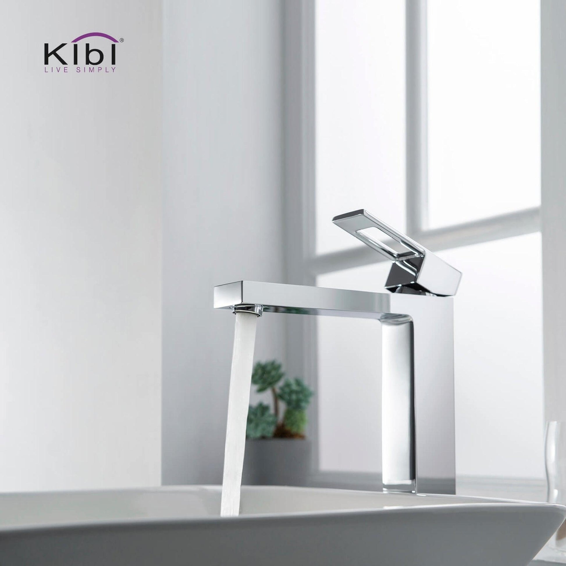KIBI Cubic Single Handle Chrome Solid Brass Bathroom Vessel Sink Faucet