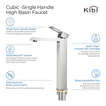 KIBI Cubic Single Handle Chrome Solid Brass Bathroom Vessel Sink Faucet