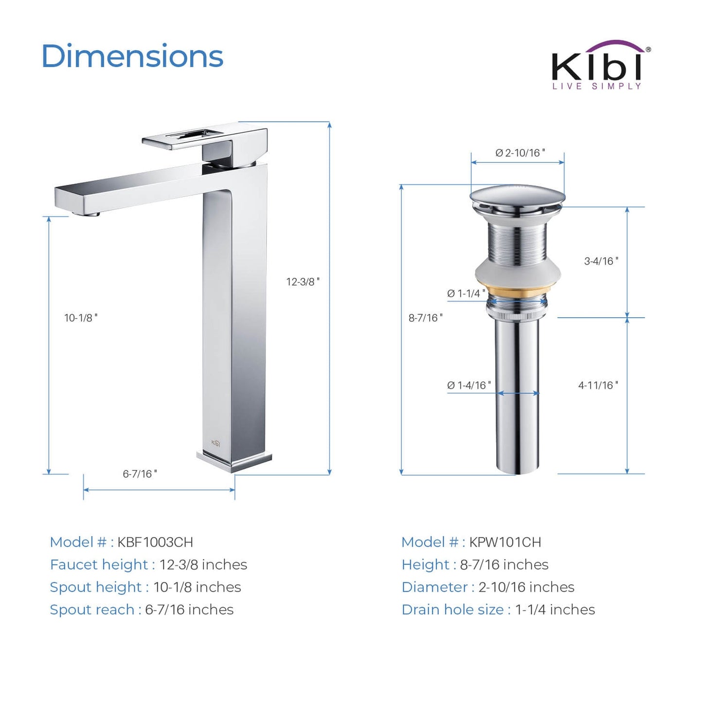 KIBI Cubic Single Handle Chrome Solid Brass Bathroom Vessel Sink Faucet With Pop-Up Drain Stopper Small Cover Without Overflow