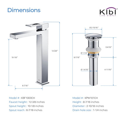 KIBI Cubic Single Handle Chrome Solid Brass Bathroom Vessel Sink Faucet With Pop-Up Drain Stopper Small Cover Without Overflow