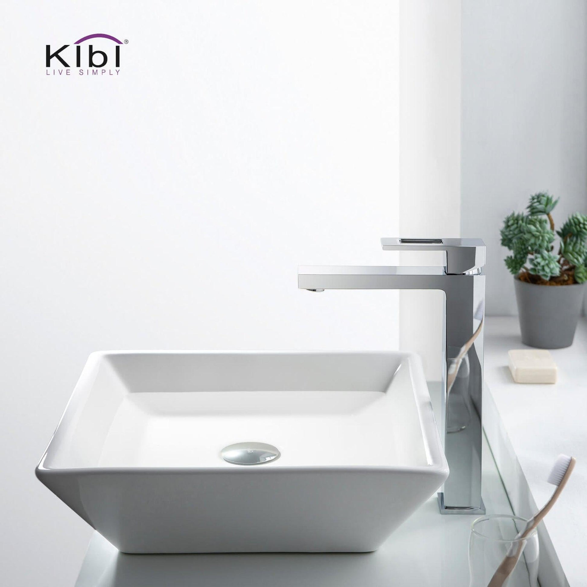 KIBI Cubic Single Handle Chrome Solid Brass Bathroom Vessel Sink Faucet With Pop-Up Drain Stopper Small Cover Without Overflow