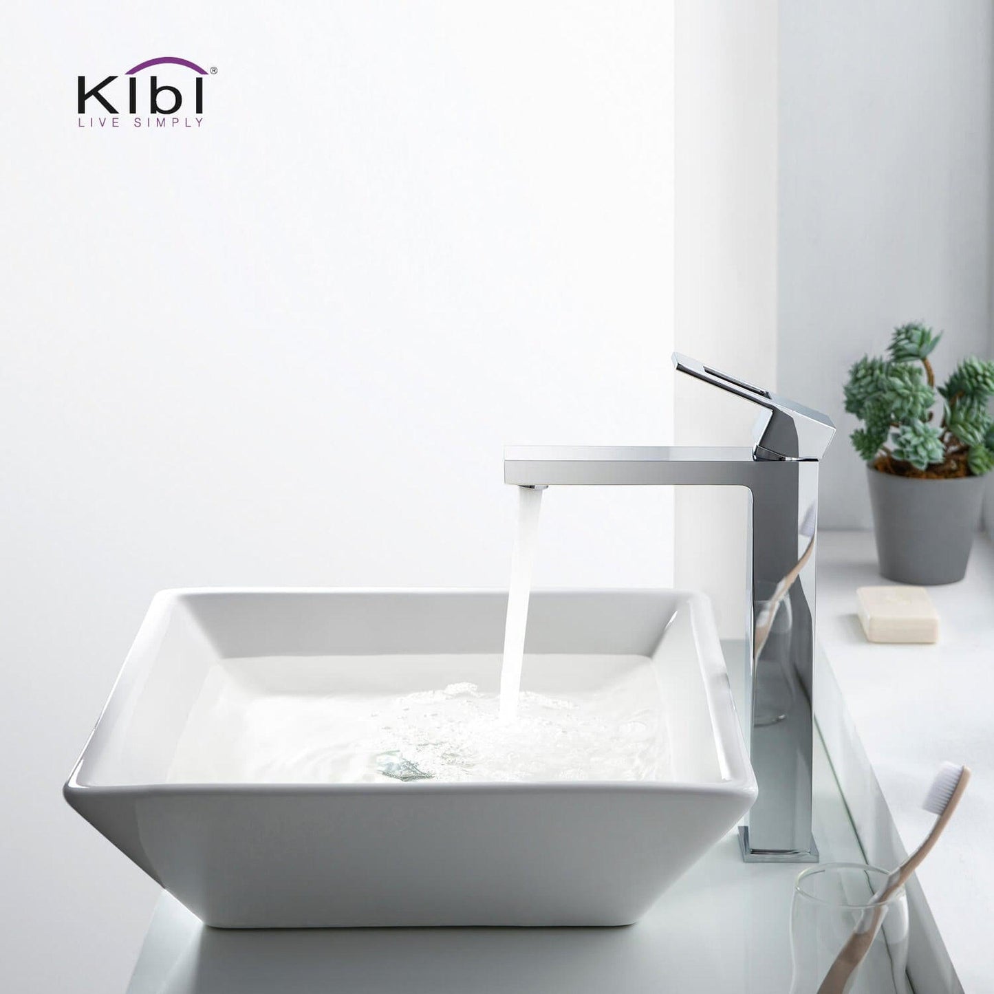 KIBI Cubic Single Handle Chrome Solid Brass Bathroom Vessel Sink Faucet With Pop-Up Drain Stopper Small Cover Without Overflow