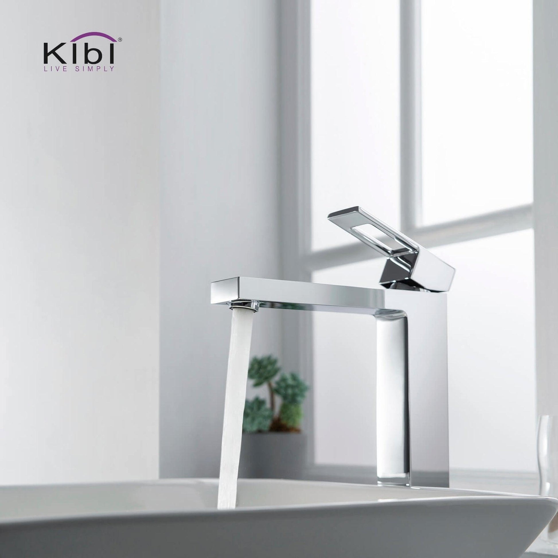 KIBI Cubic Single Handle Chrome Solid Brass Bathroom Vessel Sink Faucet With Pop-Up Drain Stopper Small Cover Without Overflow