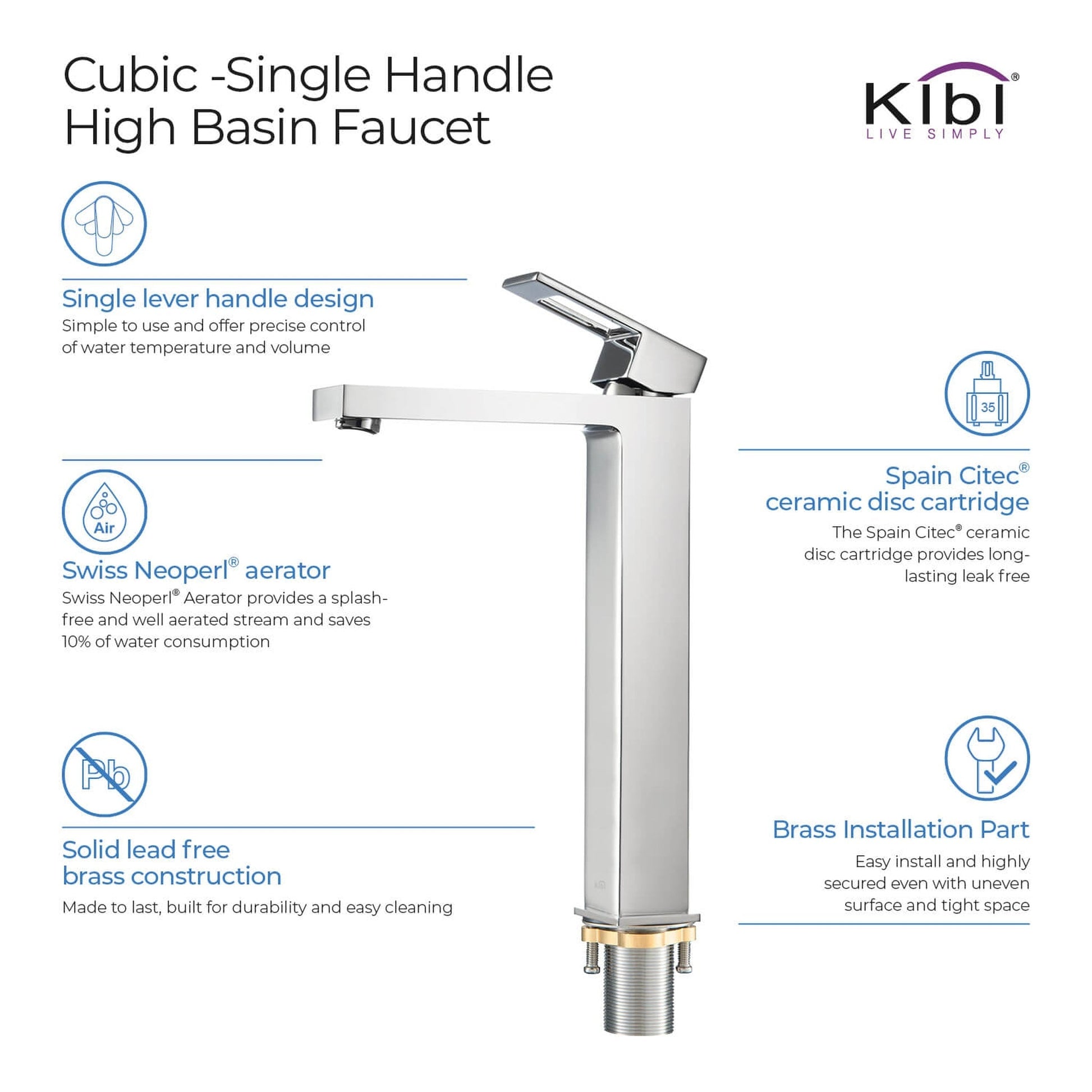 KIBI Cubic Single Handle Chrome Solid Brass Bathroom Vessel Sink Faucet With Pop-Up Drain Stopper Small Cover Without Overflow