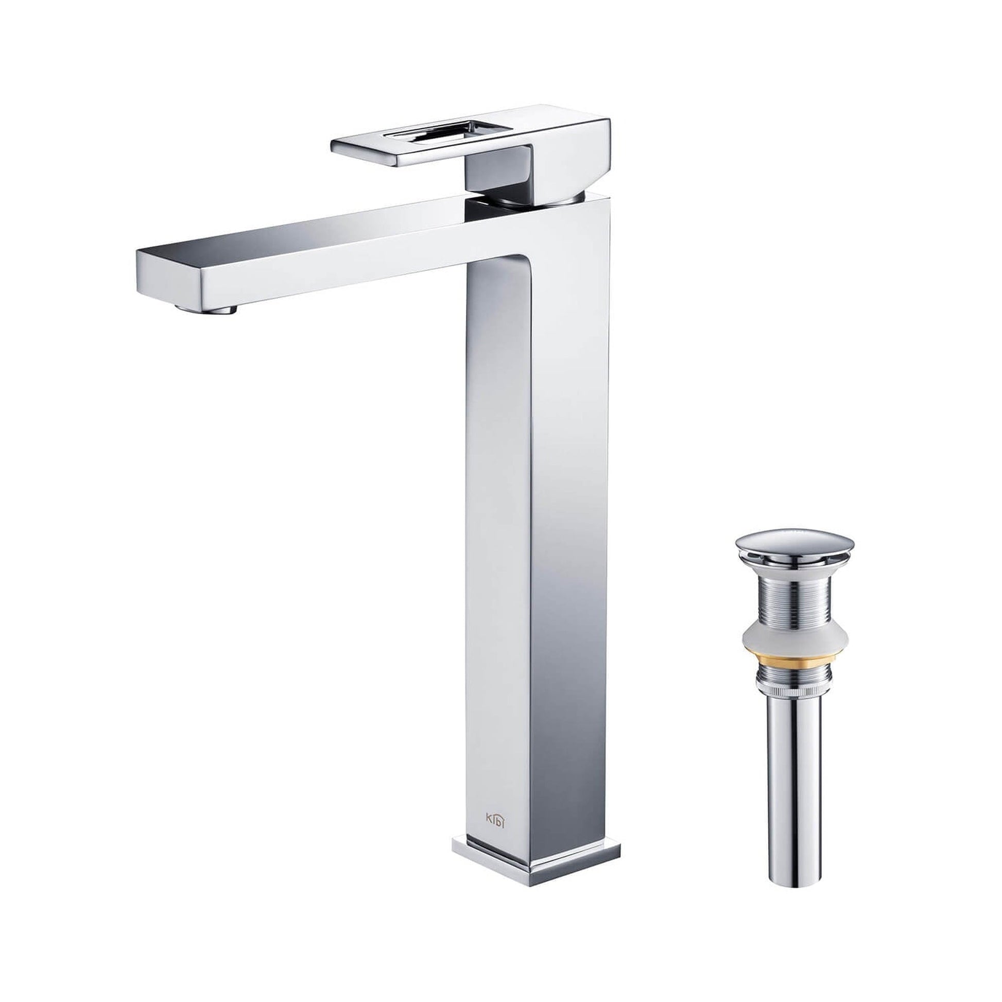 KIBI Cubic Single Handle Chrome Solid Brass Bathroom Vessel Sink Faucet With Pop-Up Drain Stopper Small Cover Without Overflow