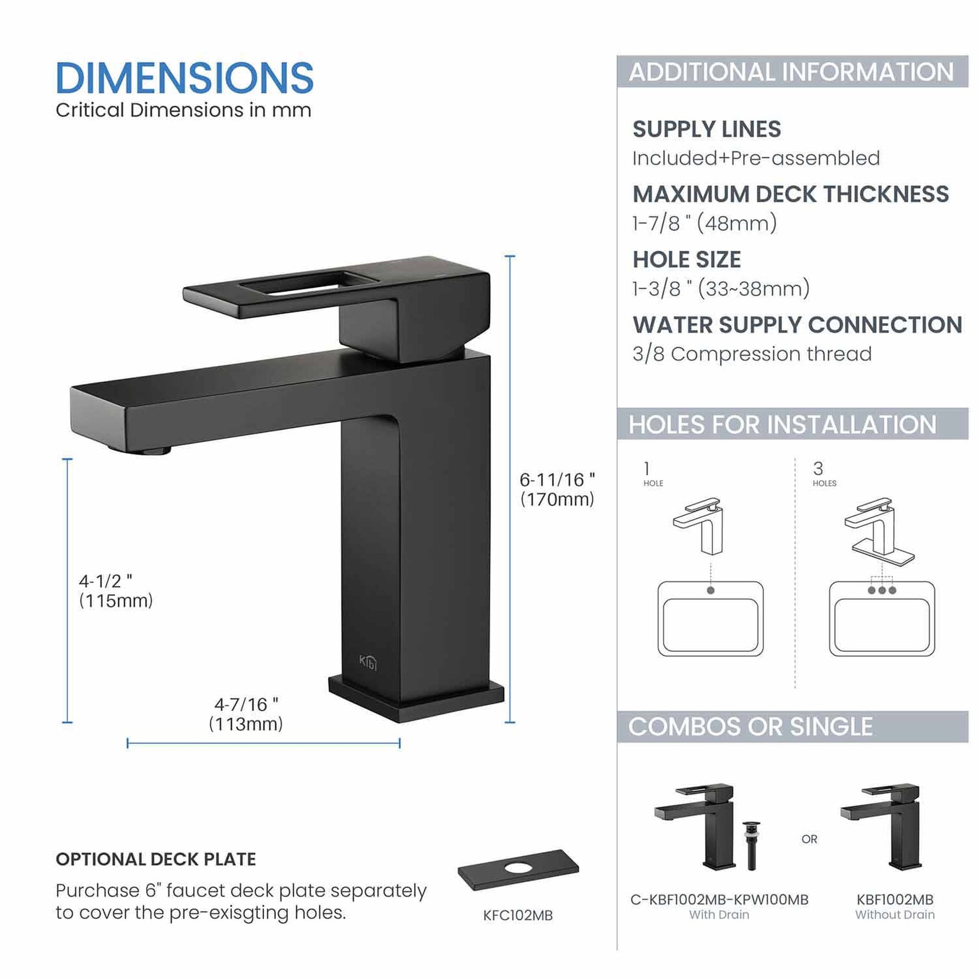 KIBI Cubic Single Handle Matte Black Solid Brass Bathroom Vanity Sink Faucet