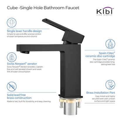 KIBI Cubic Single Handle Matte Black Solid Brass Bathroom Vanity Sink Faucet