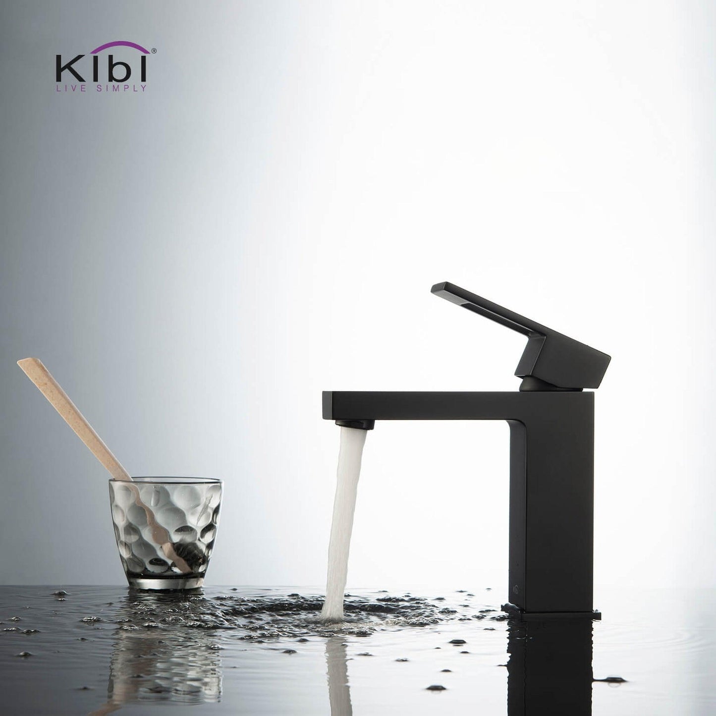 KIBI Cubic Single Handle Matte Black Solid Brass Bathroom Vanity Sink Faucet With Pop-Up Drain Stopper Small Cover With Overflow