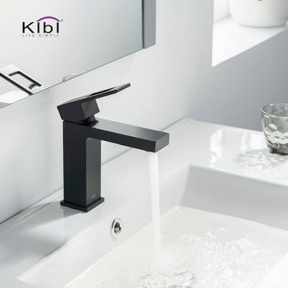 KIBI Cubic Single Handle Matte Black Solid Brass Bathroom Vanity Sink Faucet With Pop-Up Drain Stopper Small Cover With Overflow