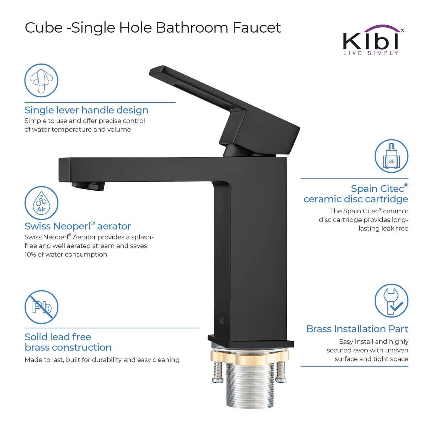 KIBI Cubic Single Handle Matte Black Solid Brass Bathroom Vanity Sink Faucet With Pop-Up Drain Stopper Small Cover With Overflow