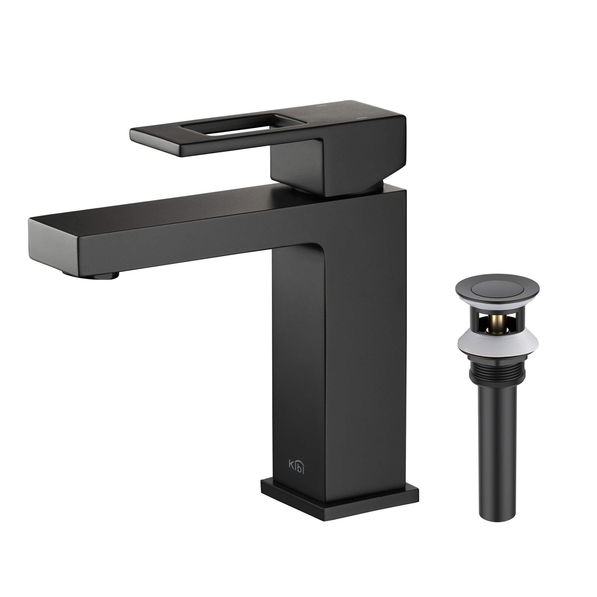 KIBI Cubic Single Handle Matte Black Solid Brass Bathroom Vanity Sink Faucet With Pop-Up Drain Stopper Small Cover With Overflow