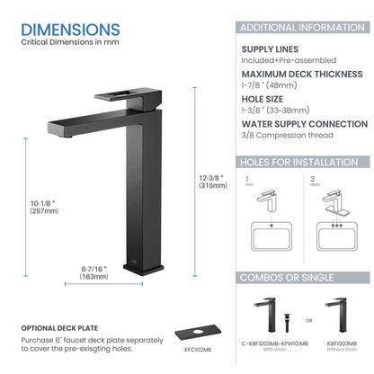 KIBI Cubic Single Handle Matte Black Solid Brass Bathroom Vessel Sink Faucet