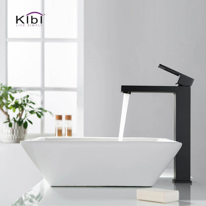 KIBI Cubic Single Handle Matte Black Solid Brass Bathroom Vessel Sink Faucet With Pop-Up Drain Stopper Small Cover Without Overflow