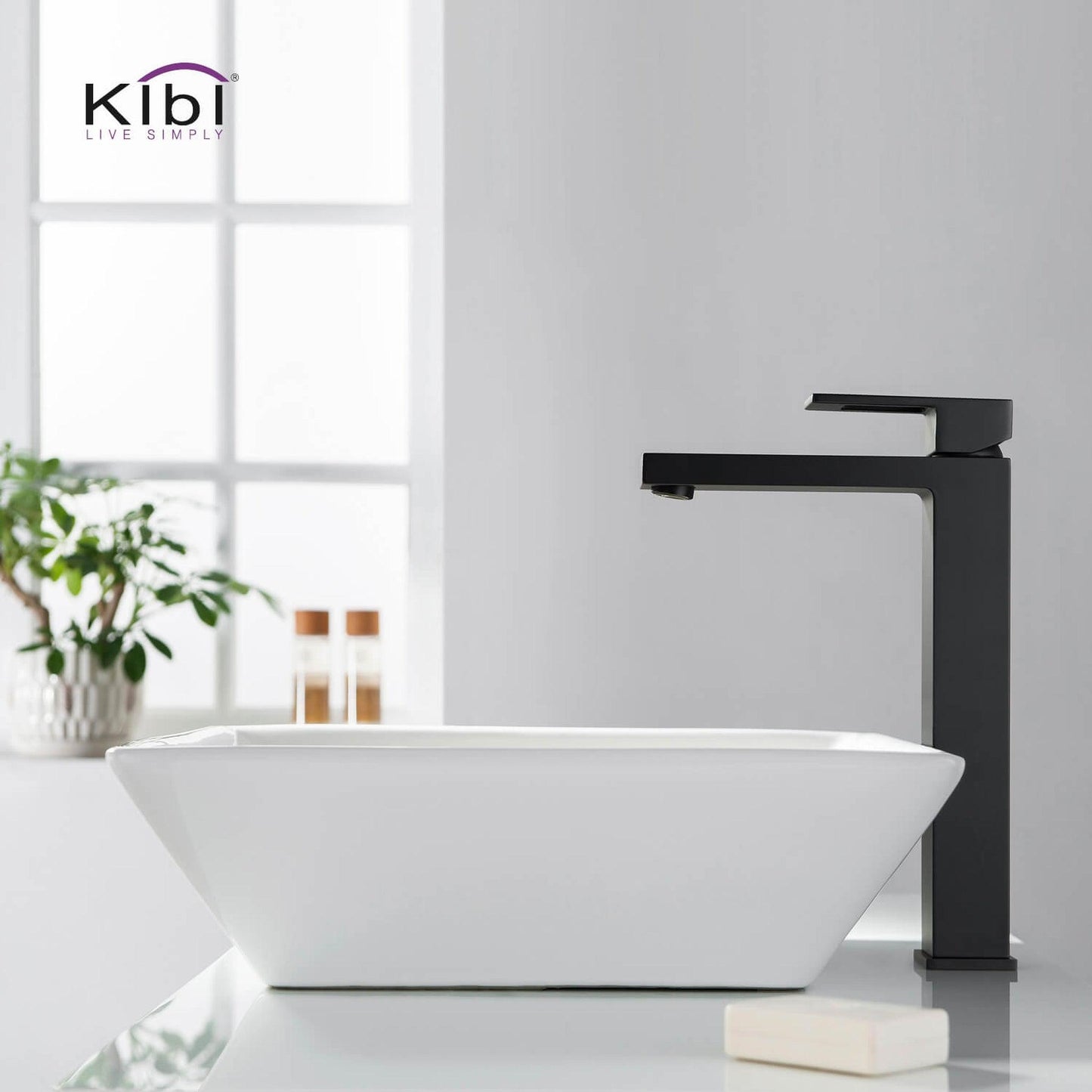 KIBI Cubic Single Handle Matte Black Solid Brass Bathroom Vessel Sink Faucet With Pop-Up Drain Stopper Small Cover Without Overflow