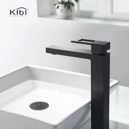 KIBI Cubic Single Handle Matte Black Solid Brass Bathroom Vessel Sink Faucet With Pop-Up Drain Stopper Small Cover Without Overflow