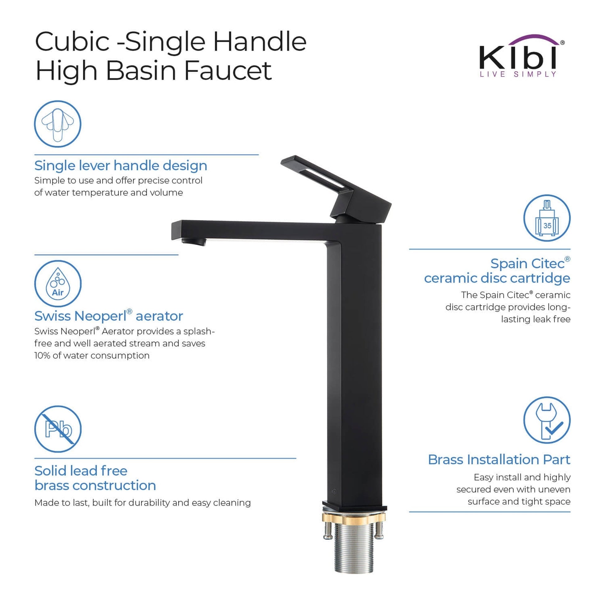 KIBI Cubic Single Handle Matte Black Solid Brass Bathroom Vessel Sink Faucet With Pop-Up Drain Stopper Small Cover Without Overflow