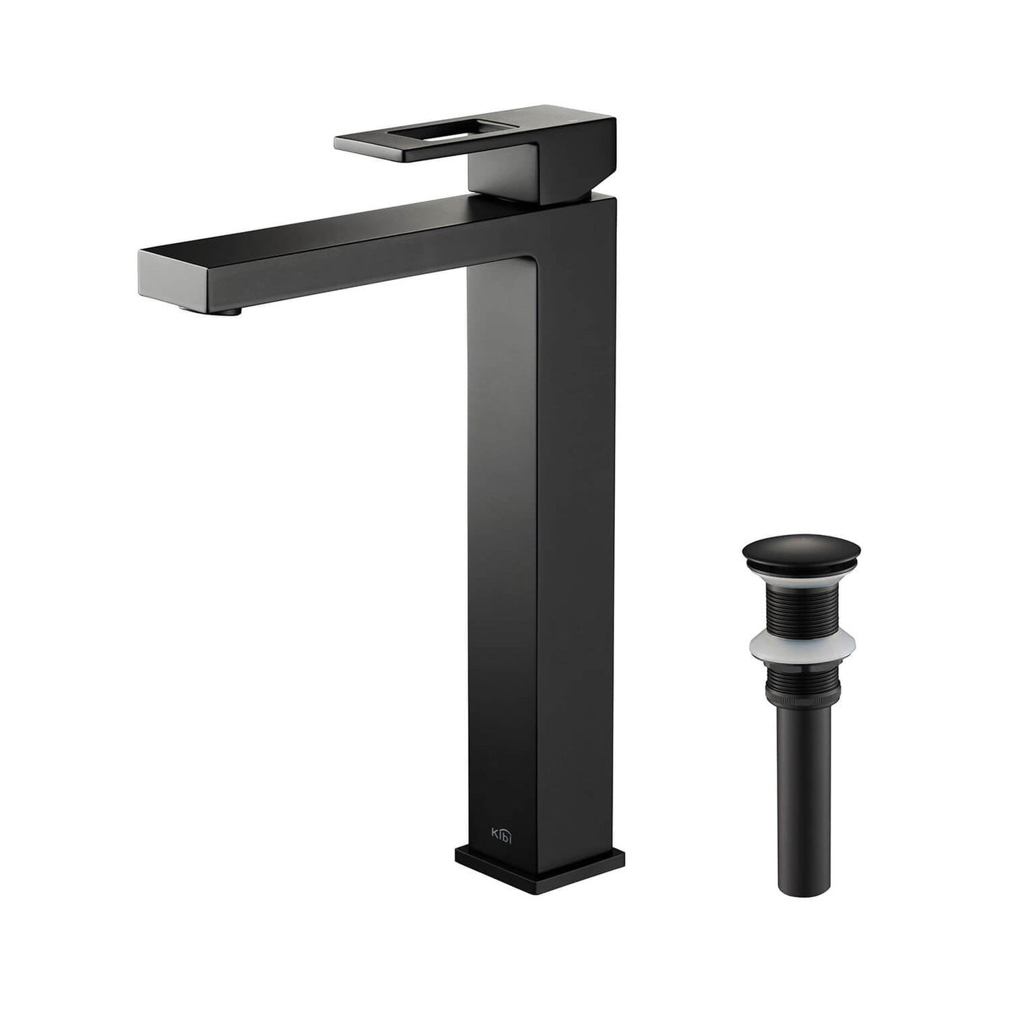 KIBI Cubic Single Handle Matte Black Solid Brass Bathroom Vessel Sink Faucet With Pop-Up Drain Stopper Small Cover Without Overflow