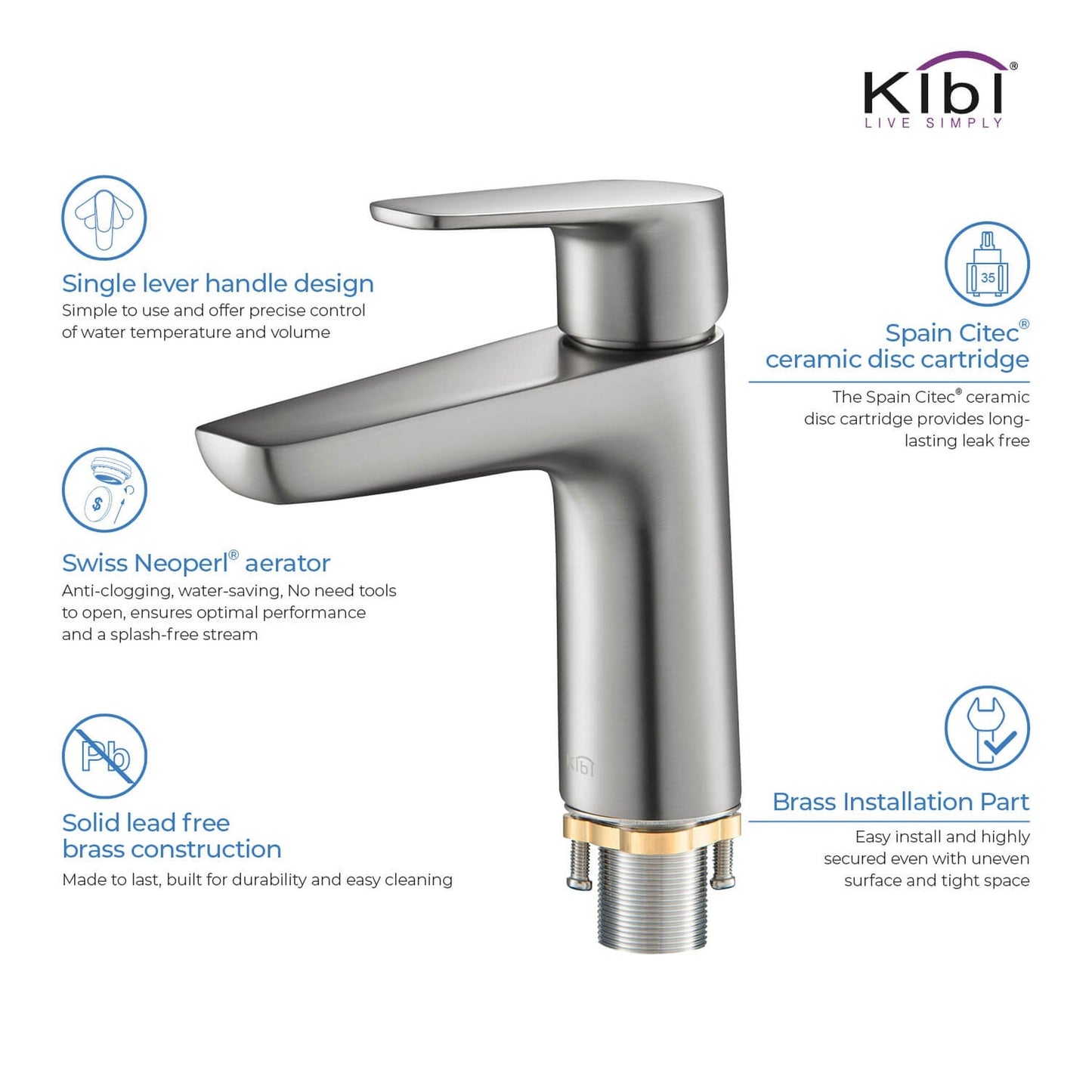 KIBI Harmony Single Handle Brushed Nickel Solid Brass Bathroom Sink Faucet