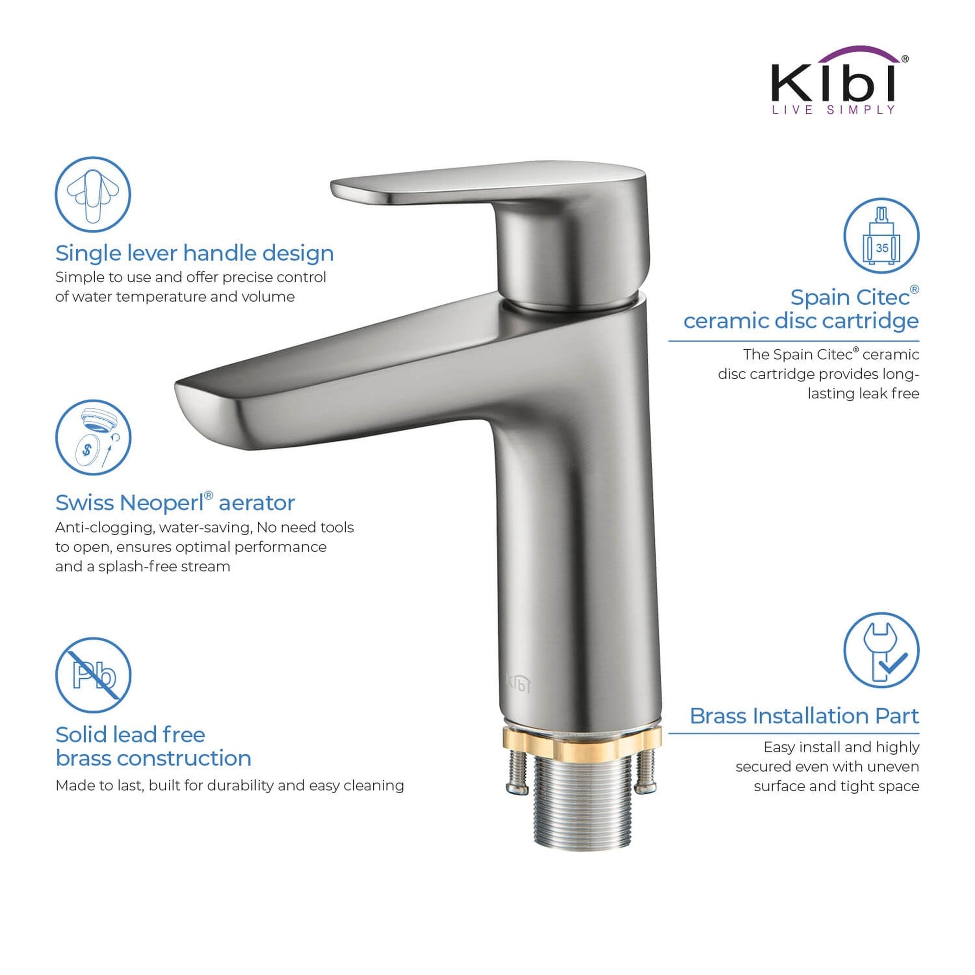 KIBI Harmony Single Handle Brushed Nickel Solid Brass Bathroom Sink Faucet