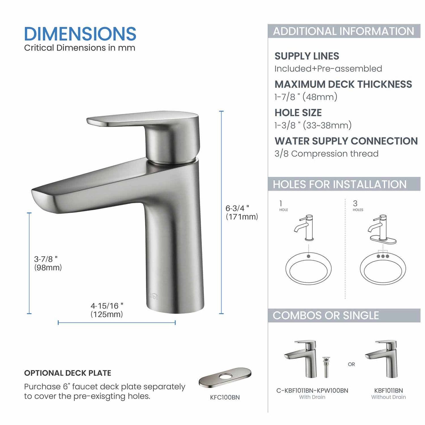 KIBI Harmony Single Handle Brushed Nickel Solid Brass Bathroom Sink Faucet With Pop-Up Drain Stopper Small Cover With Overflow