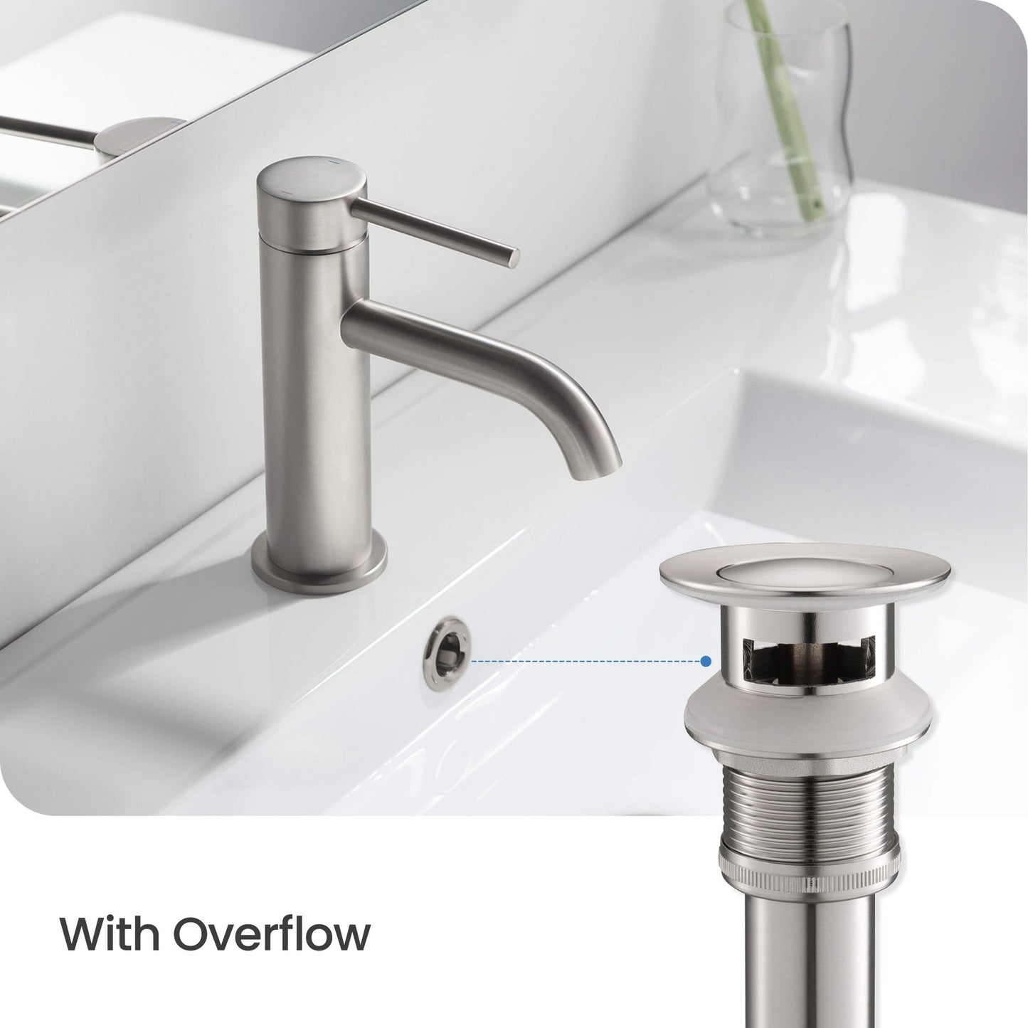 KIBI Harmony Single Handle Brushed Nickel Solid Brass Bathroom Sink Faucet With Pop-Up Drain Stopper Small Cover With Overflow