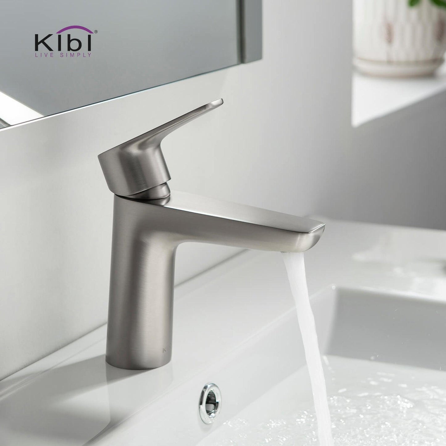 KIBI Harmony Single Handle Brushed Nickel Solid Brass Bathroom Sink Faucet With Pop-Up Drain Stopper Small Cover With Overflow