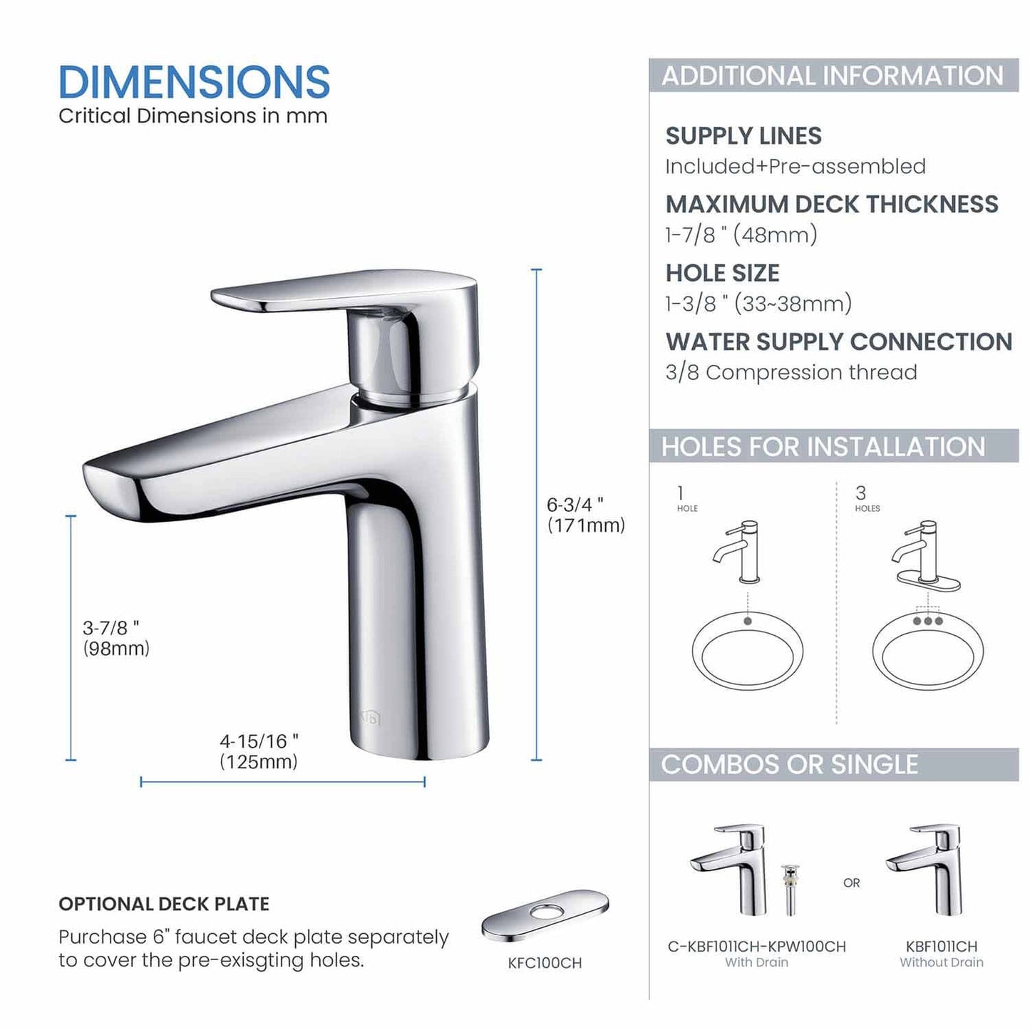 KIBI Harmony Single Handle Chrome Solid Brass Bathroom Sink Faucet