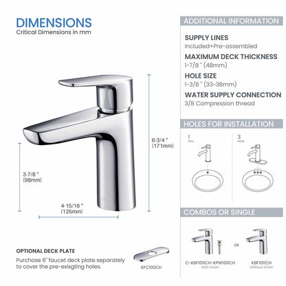 KIBI Harmony Single Handle Chrome Solid Brass Bathroom Sink Faucet With Pop-Up Drain Stopper Small Cover With Overflow