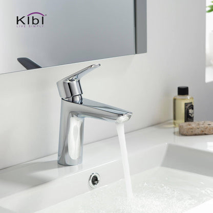 KIBI Harmony Single Handle Chrome Solid Brass Bathroom Sink Faucet With Pop-Up Drain Stopper Small Cover With Overflow