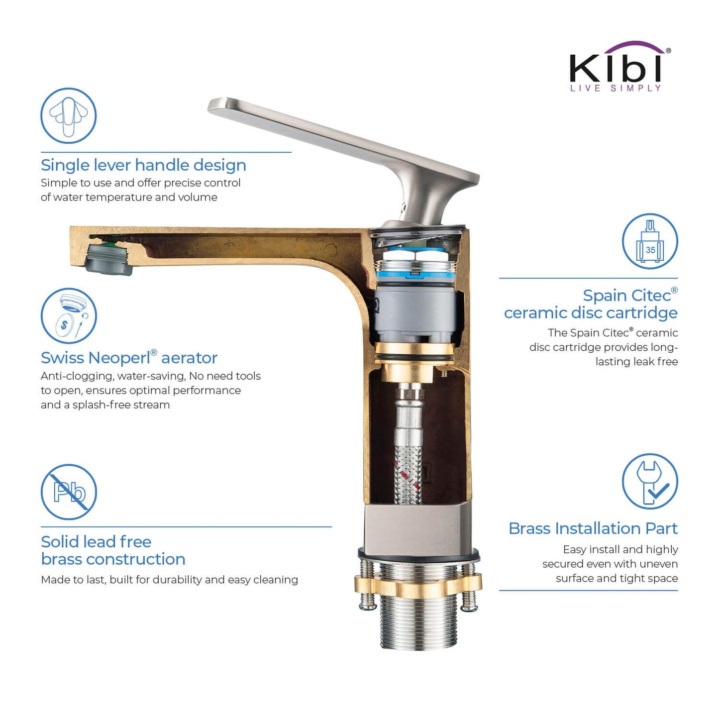 KIBI Infinity Single Handle Brushed Nickel Solid Brass Bathroom Vanity Sink Faucet