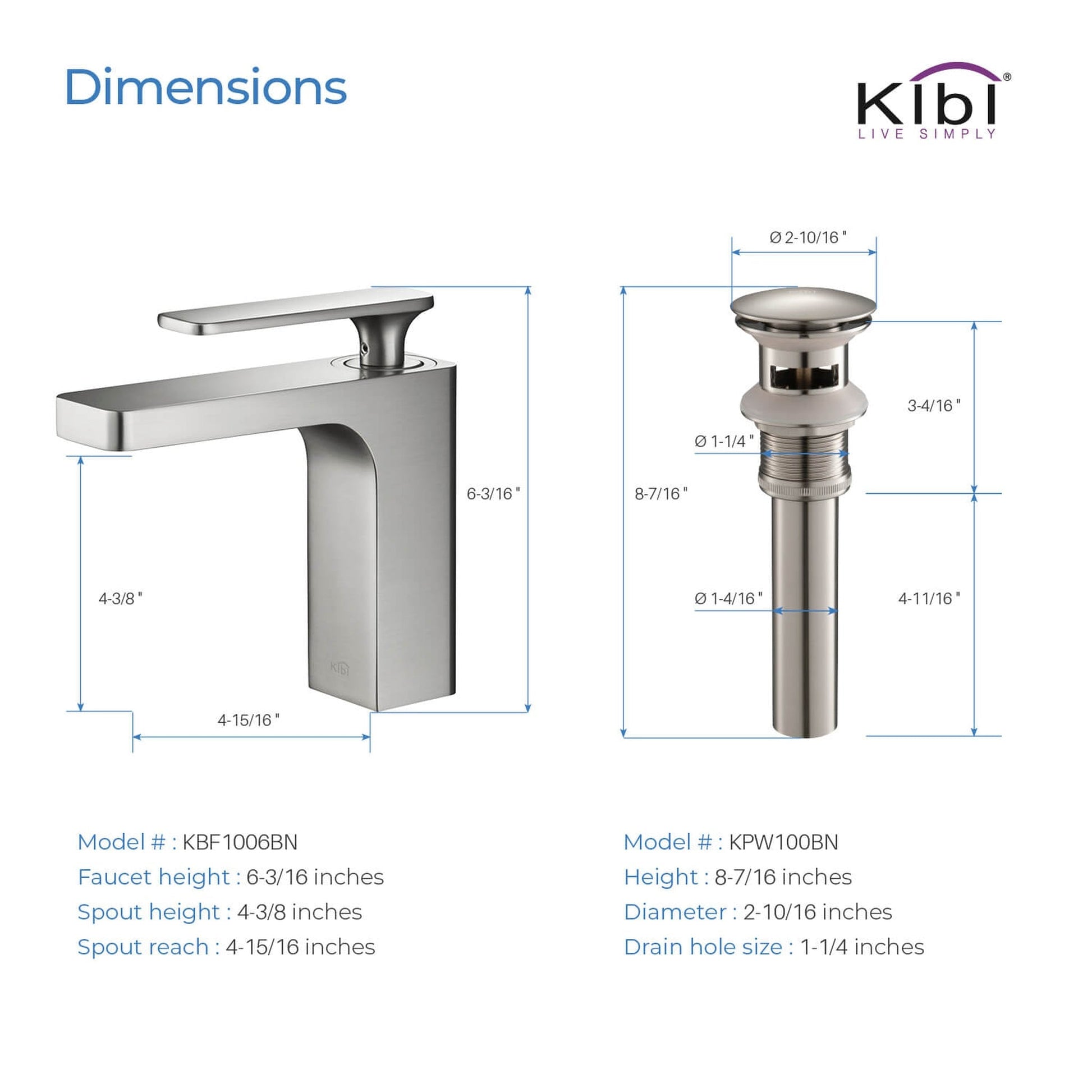 KIBI Infinity Single Handle Brushed Nickel Solid Brass Bathroom Vanity Sink Faucet With Pop-Up Drain Stopper Small Cover With Overflow