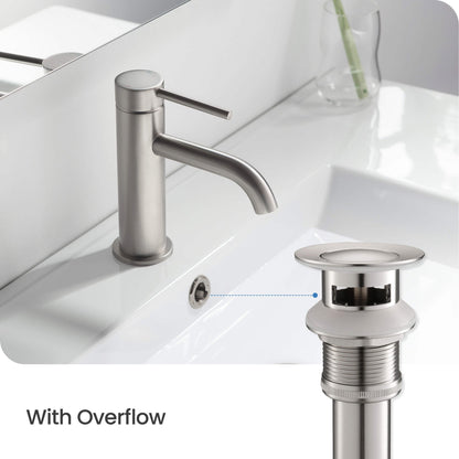 KIBI Infinity Single Handle Brushed Nickel Solid Brass Bathroom Vanity Sink Faucet With Pop-Up Drain Stopper Small Cover With Overflow