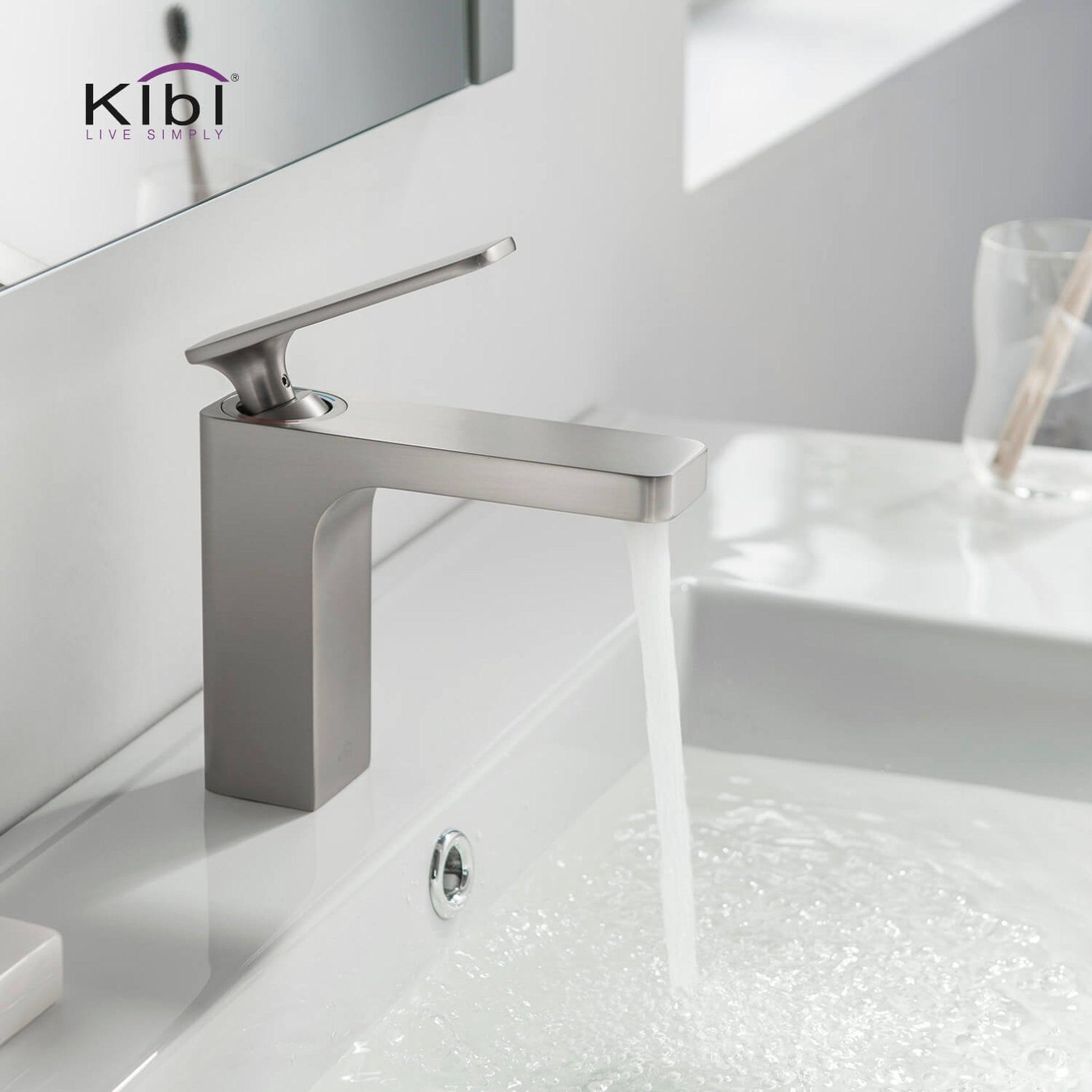 KIBI Infinity Single Handle Brushed Nickel Solid Brass Bathroom Vanity Sink Faucet With Pop-Up Drain Stopper Small Cover With Overflow