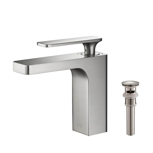 KIBI Infinity Single Handle Brushed Nickel Solid Brass Bathroom Vanity Sink Faucet With Pop-Up Drain Stopper Small Cover With Overflow