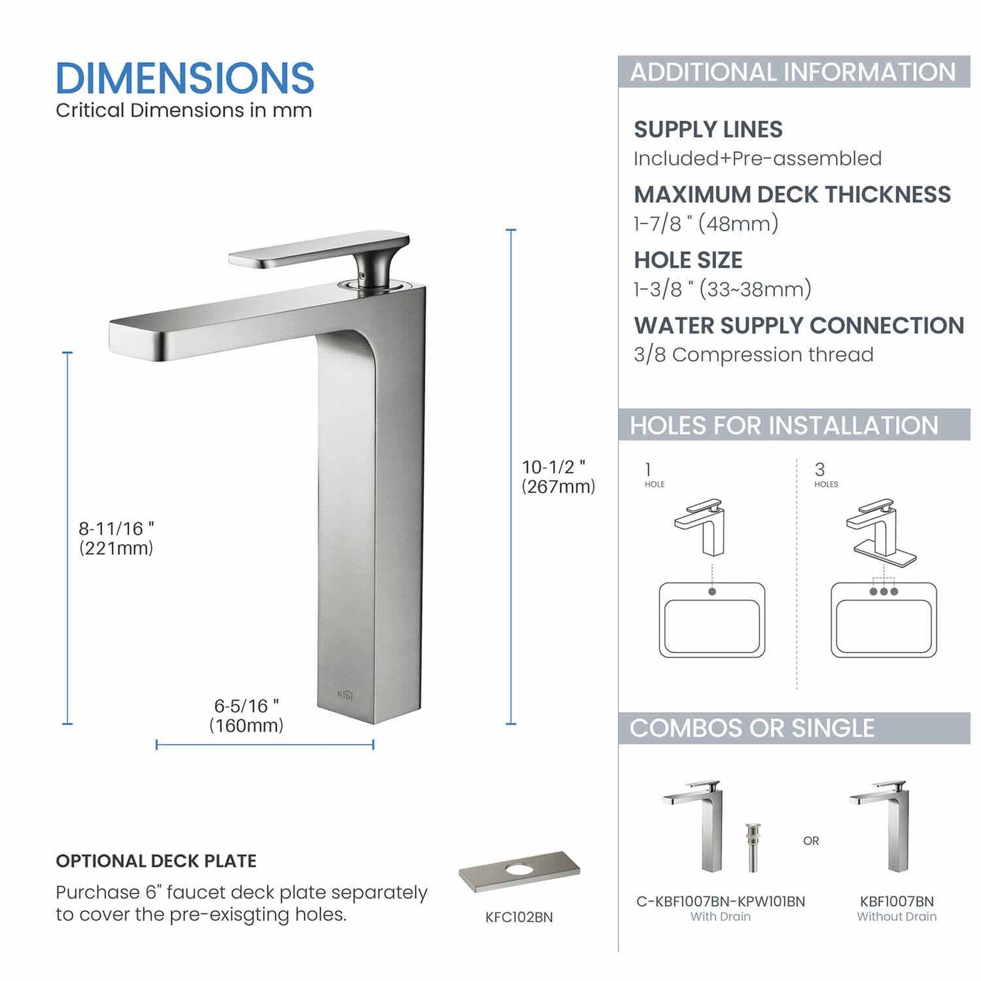 KIBI Infinity Single Handle Brushed Nickel Solid Brass Bathroom Vanity Vessel Sink Faucet