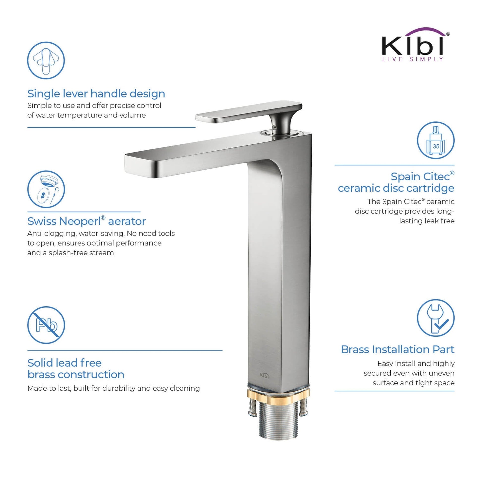 KIBI Infinity Single Handle Brushed Nickel Solid Brass Bathroom Vanity Vessel Sink Faucet