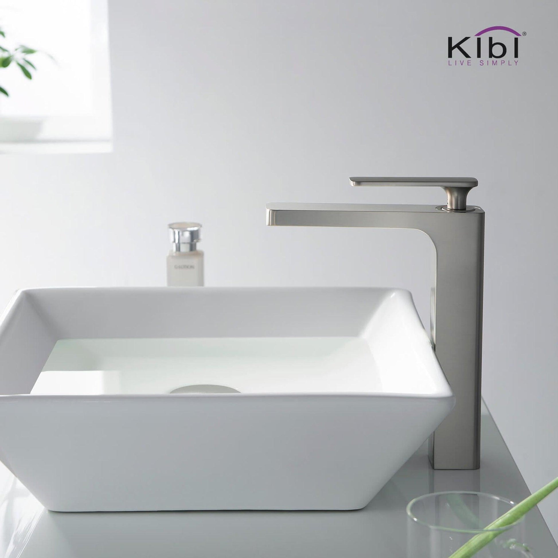 KIBI Infinity Single Handle Brushed Nickel Solid Brass Bathroom Vanity Vessel Sink Faucet With Pop-Up Drain Stopper Small Cover Without Overflow